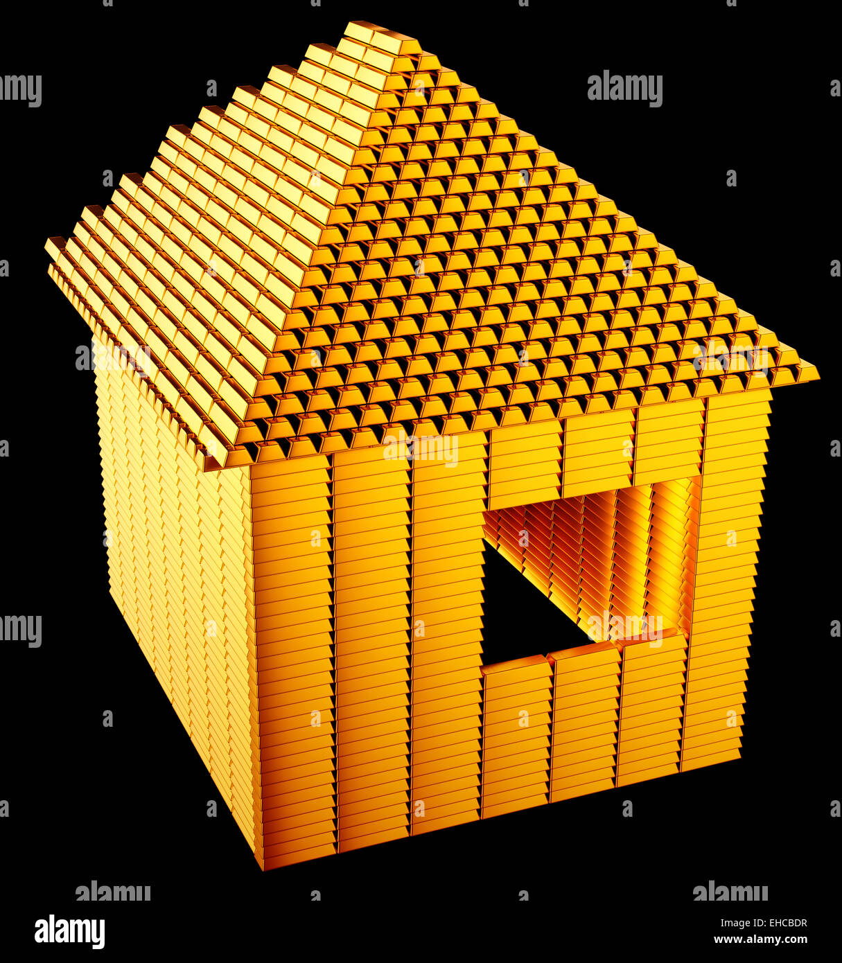 Expensive realty:: gold bars house shape over black Stock Photo
