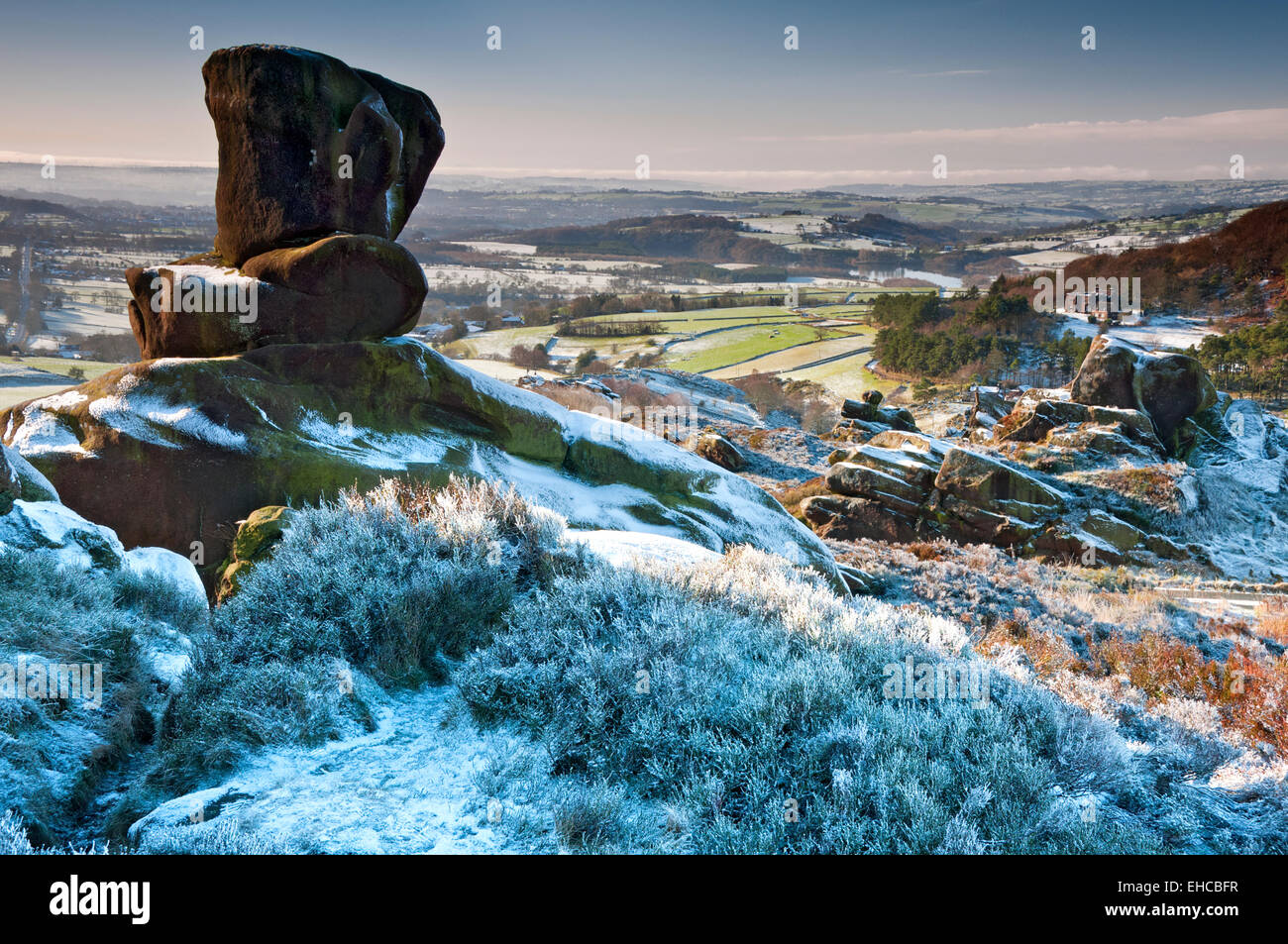 Roaches Hall from Ramshaw Rocks in Winter, Peak District National Park, Staffordshire, England, UK Stock Photo