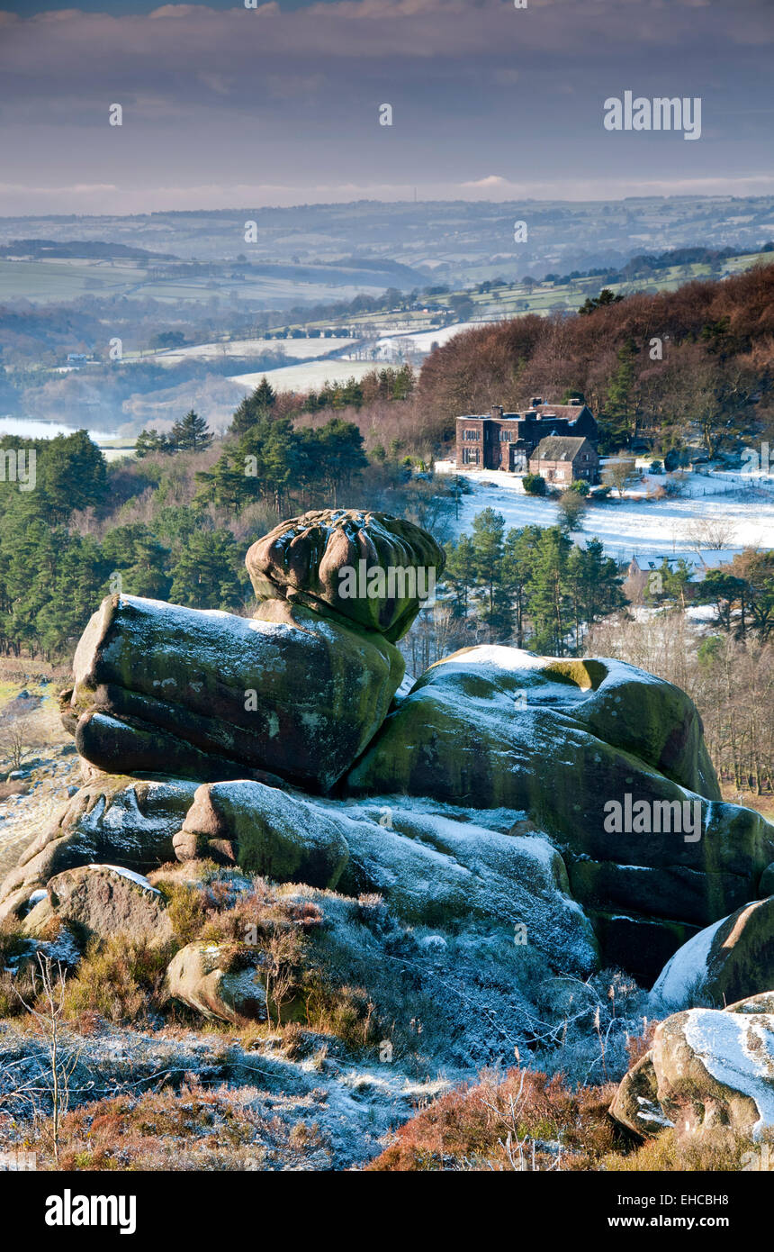 Roaches Hall from Ramshaw Rocks in Winter, Peak District National Park, Staffordshire, England, UK Stock Photo