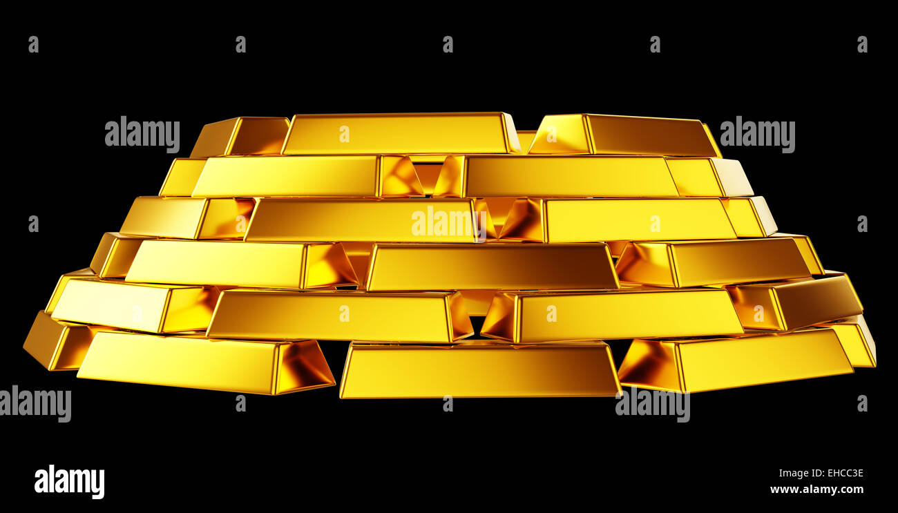 Pure gold: bullions or bars stack isolated over black background Stock Photo