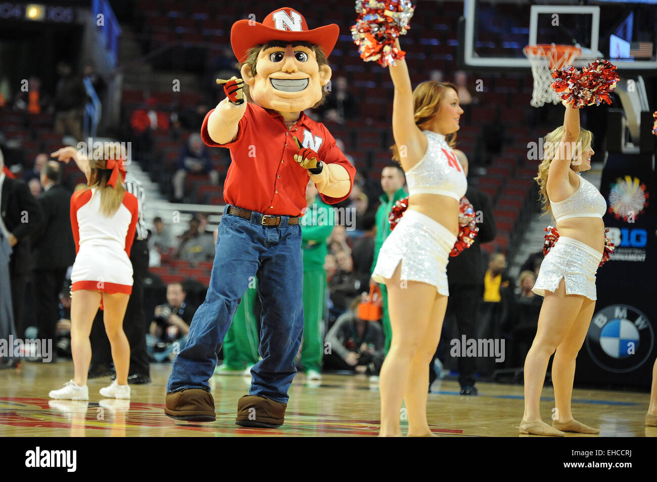 March 11, 2015: Nebraska Cornhuskers mascot in action during a timeout in the second half during the 2015 Big Ten Men's Basketball Tournament game between the Penn State Nittany Lions and the Nebraska Cornhuskers at the United Center in Chicago, IL. Penn State won 66-65 over Nebraska. Patrick Gorski/CSM Stock Photo