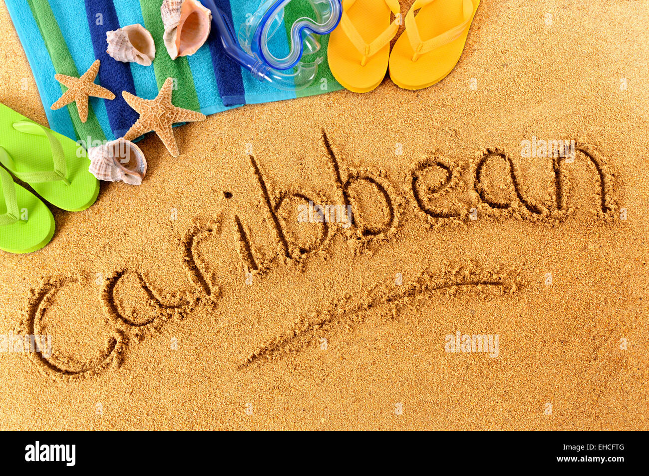 The word Caribbean written on a sandy beach, with scuba mask, beach