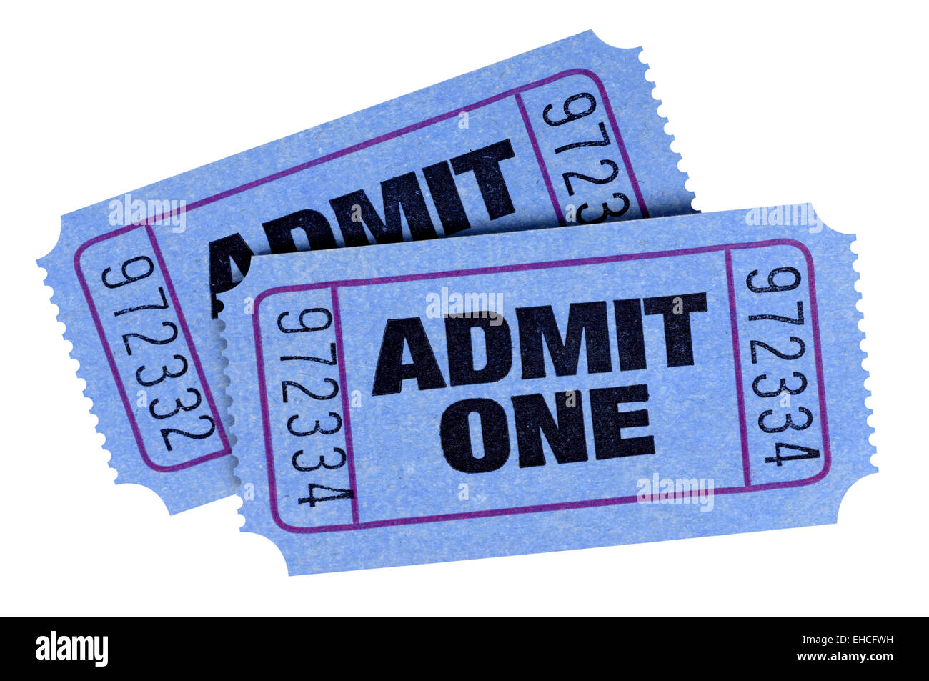 Two blue admit one tickets isolated on a white background. Stock Photo