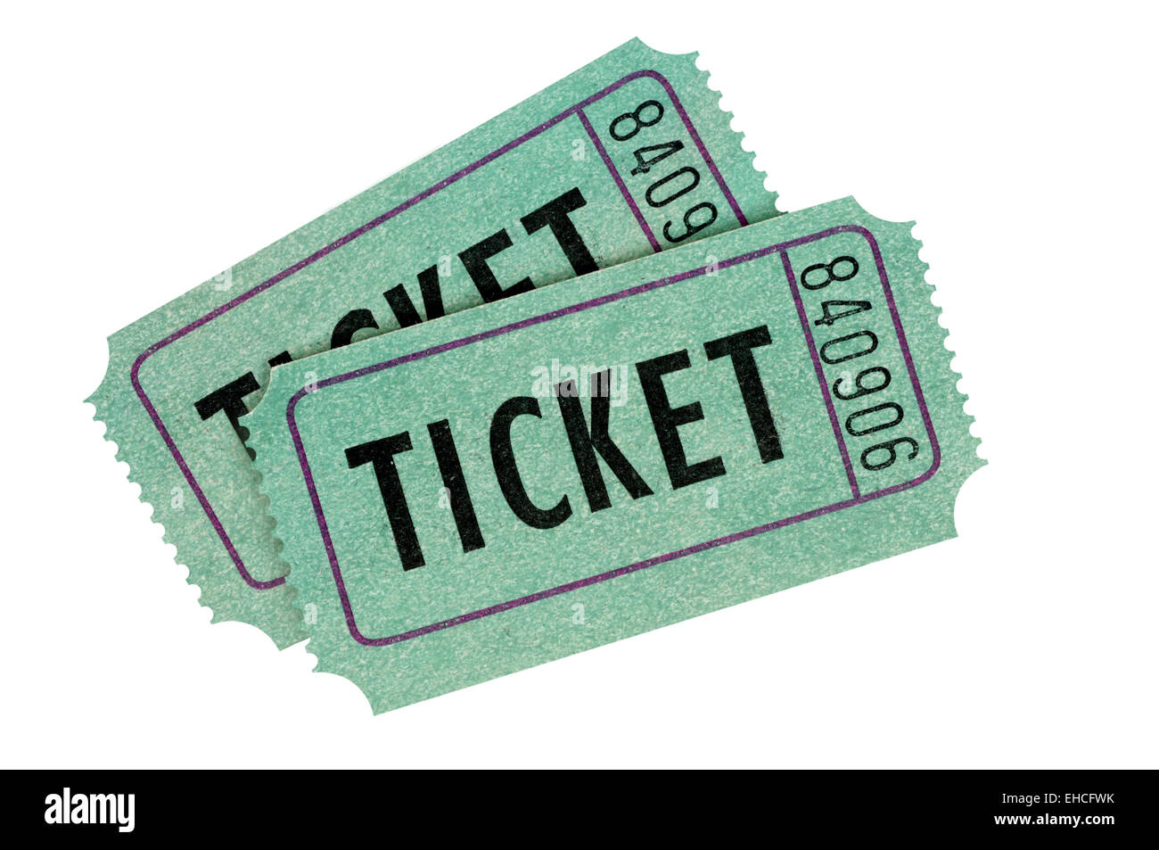 Two green cinema tickets isolated on a white background. Stock Photo