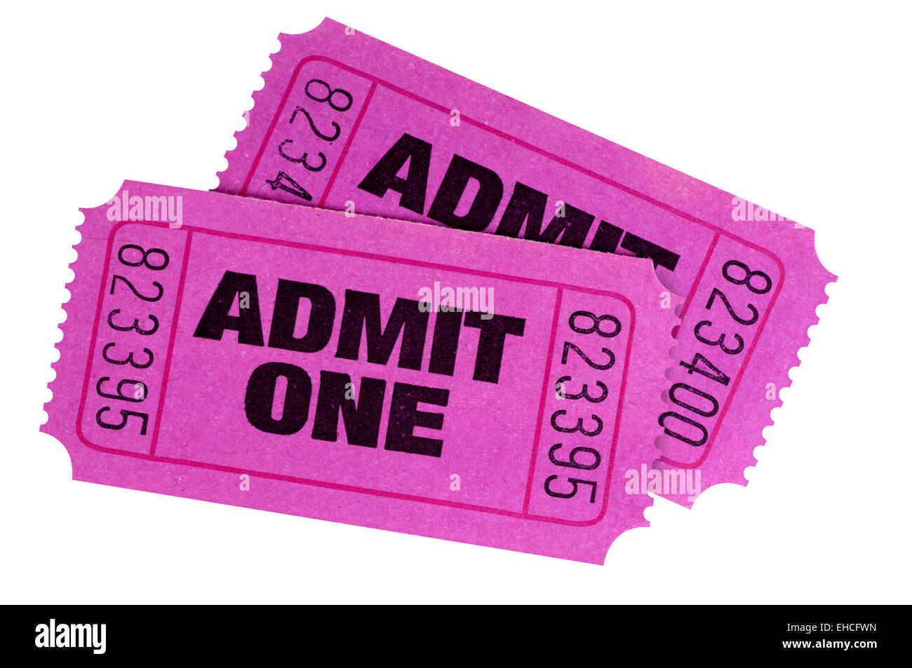 Two purple or pink movie tickets isolated on a white background. Stock Photo
