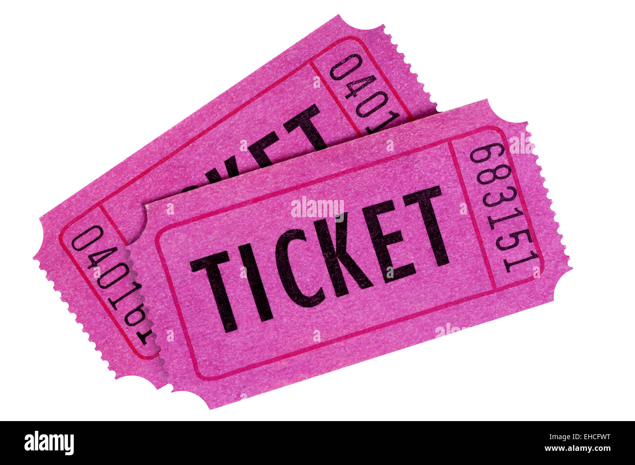 Two purple or pink raffle or movie tickets isolated on a white background. Stock Photo
