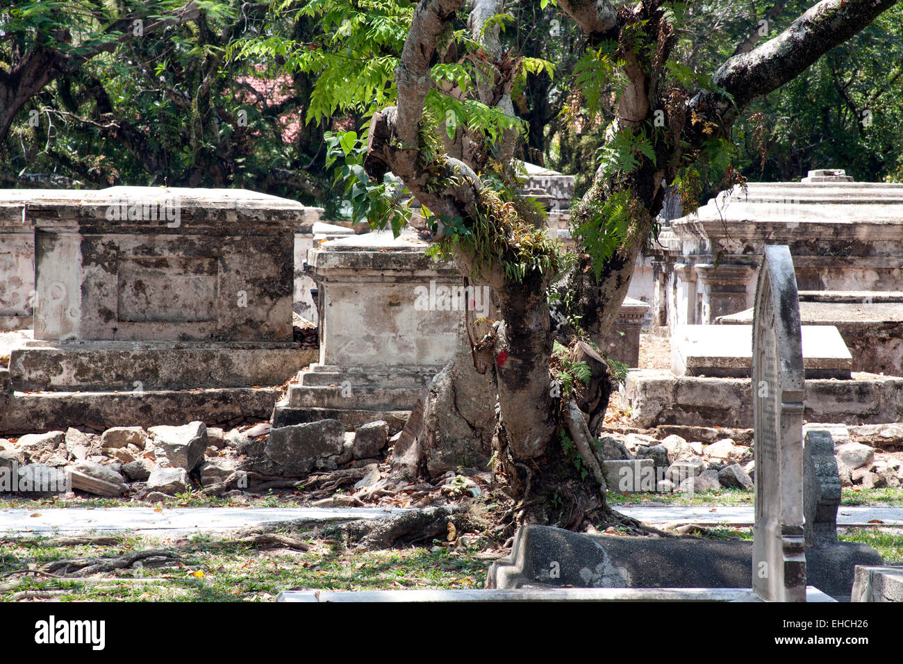 Graves in the old Protestant Cemetery -  Northam Road Cemetery - George Town Penang Malaysia Stock Photo