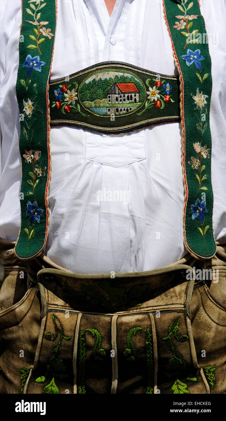 Man in lederhosen with embroidered suspenders, Upper Bavaria, Bavaria, Germany Stock Photo