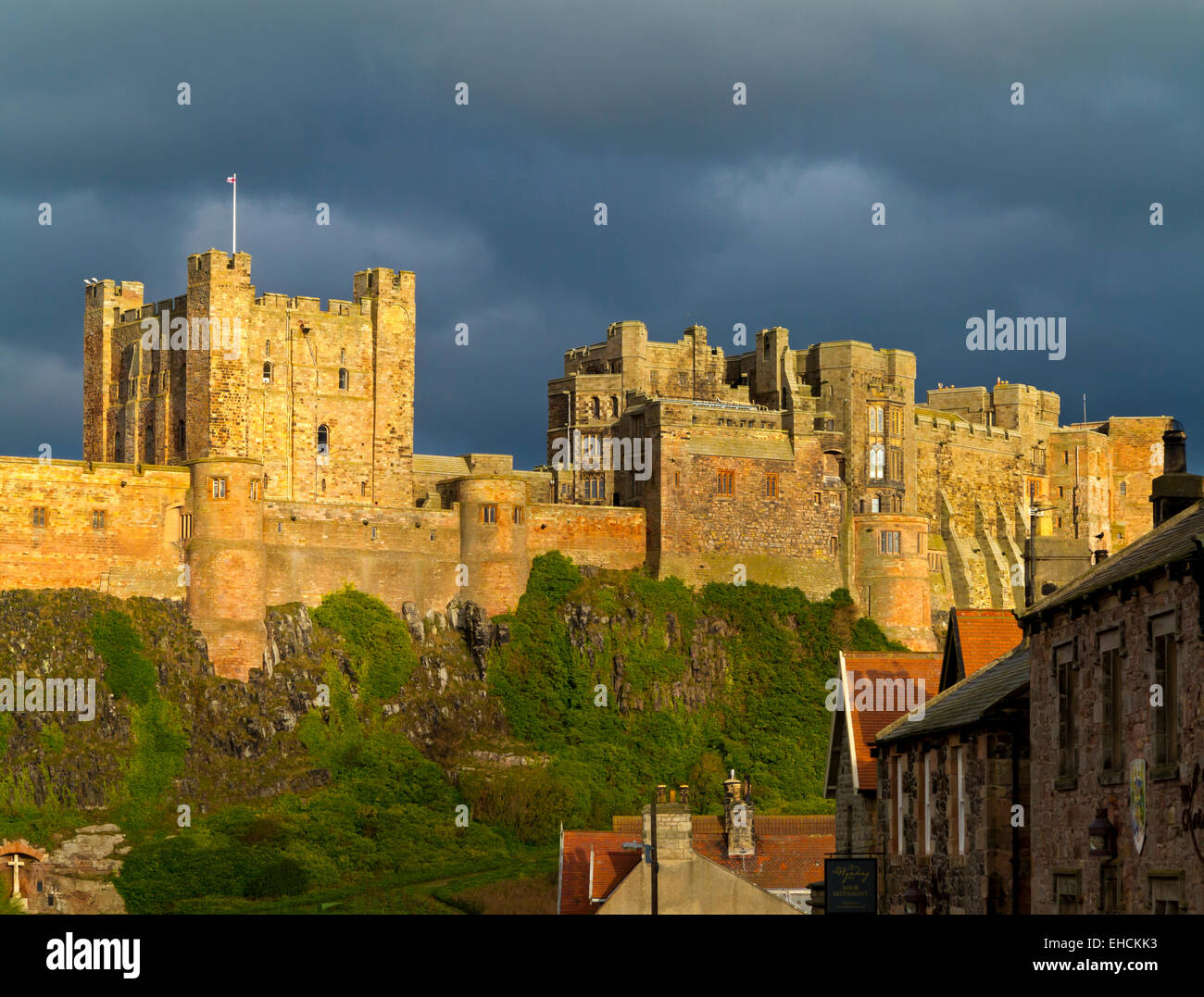 View from below of Bamburgh Castle in Northumberland England UK home of