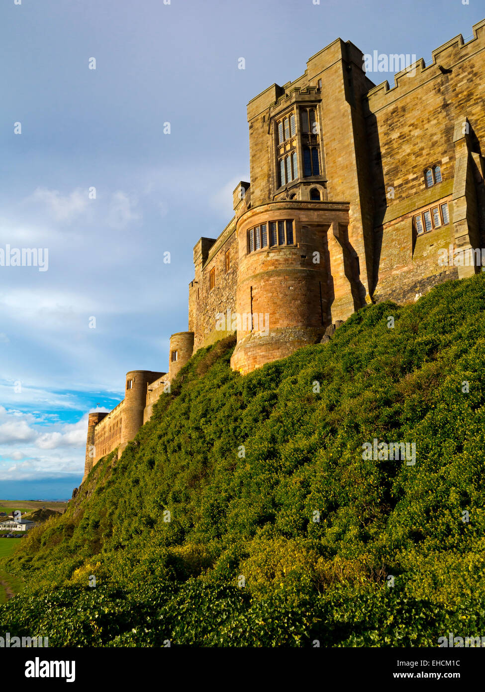 View from below of Bamburgh Castle in Northumberland England UK home of