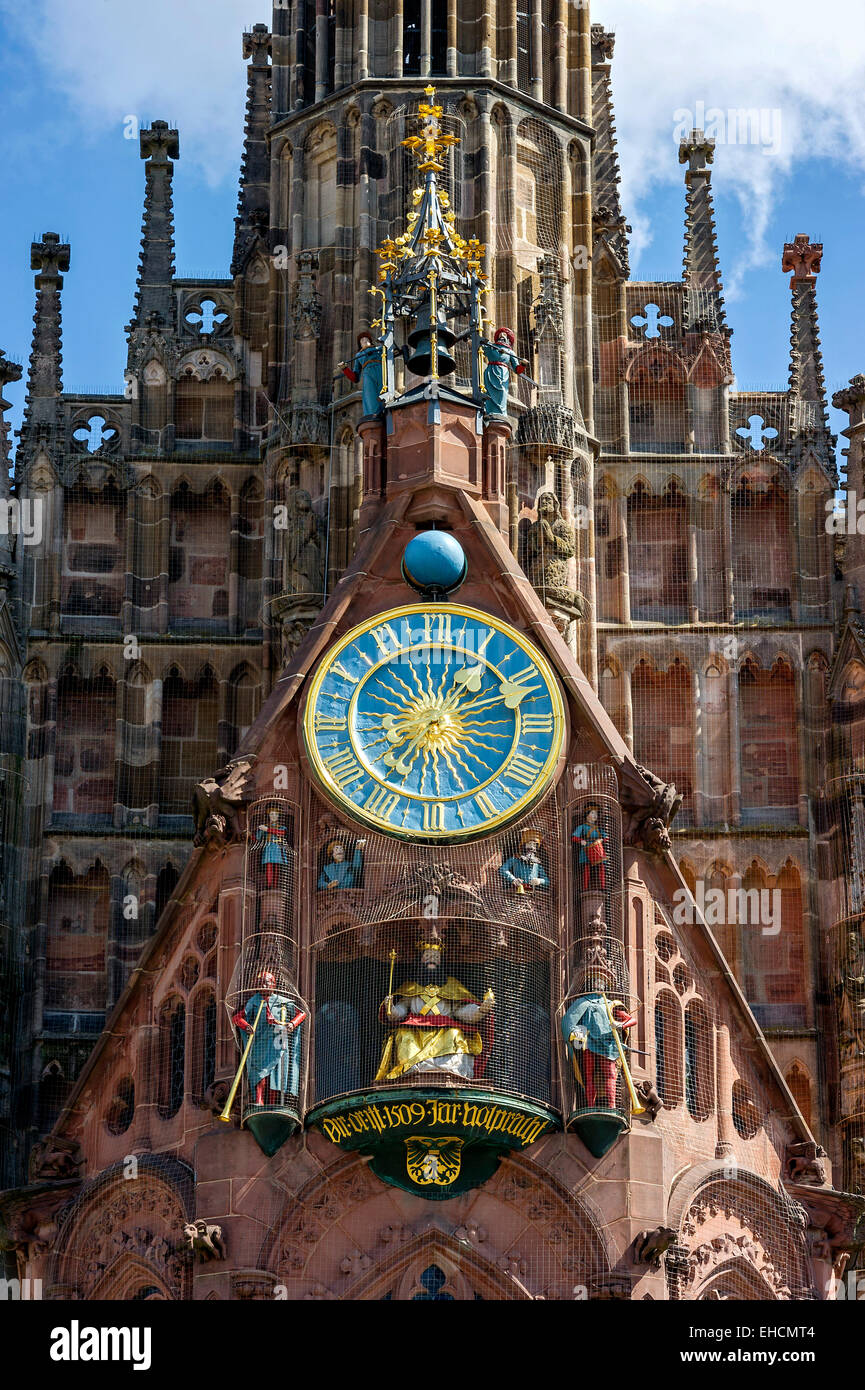 Clock with Emperor Charles IV. in the Männleinlaufen mechanical clock, west facade, Gothic parish church of Our Lady, Nuremberg Stock Photo