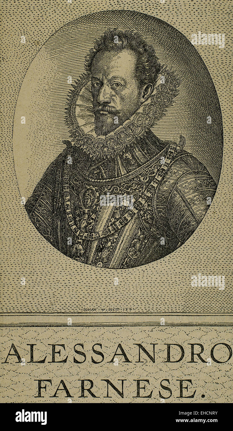 Alexander Farnese (1545-1592). Duke of Parma, Piacenza and Castro and Governor of the Spanish Nedtherlands (1578-1592). Engraving. Stock Photo