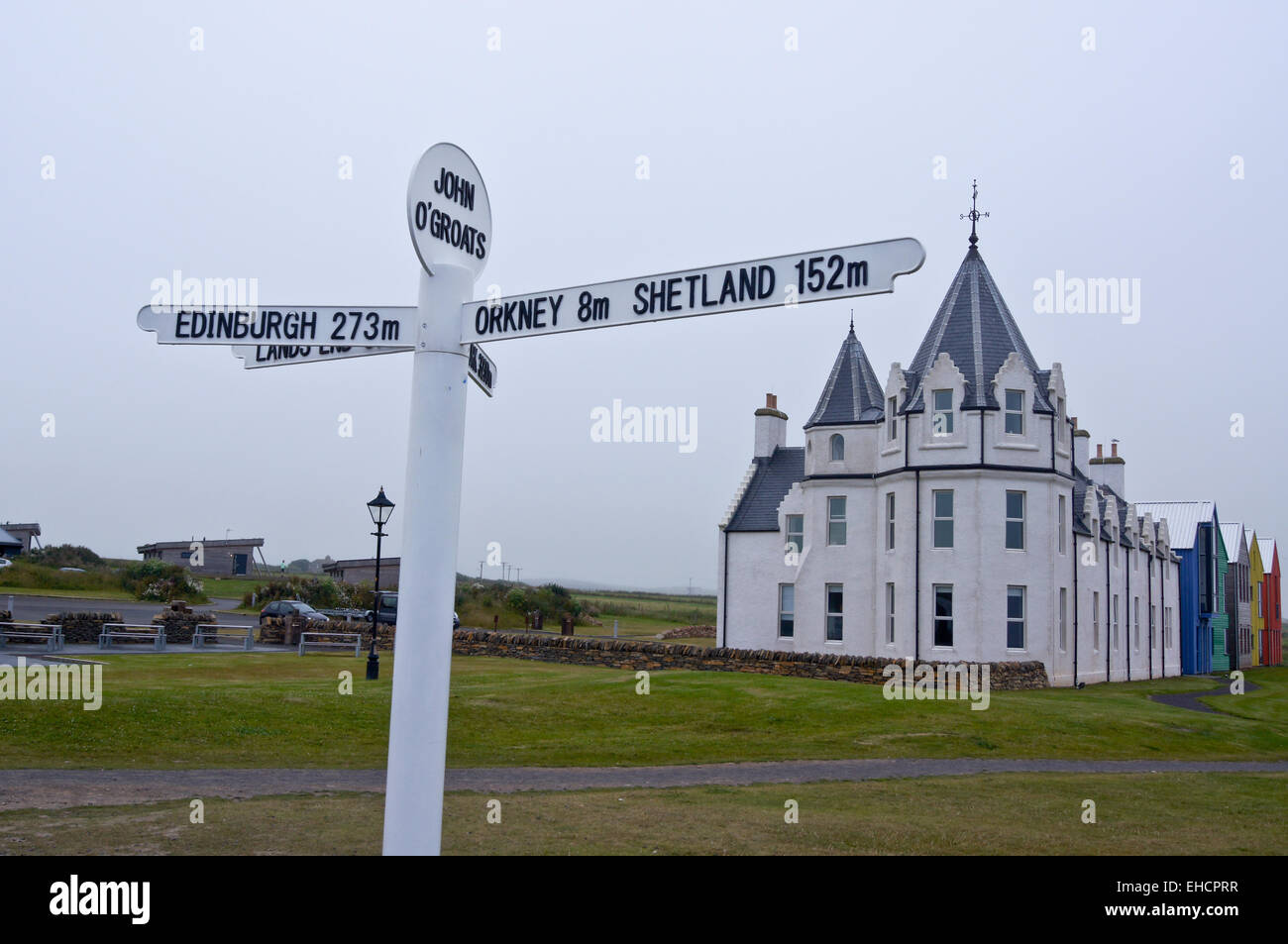 Sign showing distances to Land's End, Edinburgh, Orkney and Shetland, Inn at John O'Groats , Caithness, Scotland Stock Photo