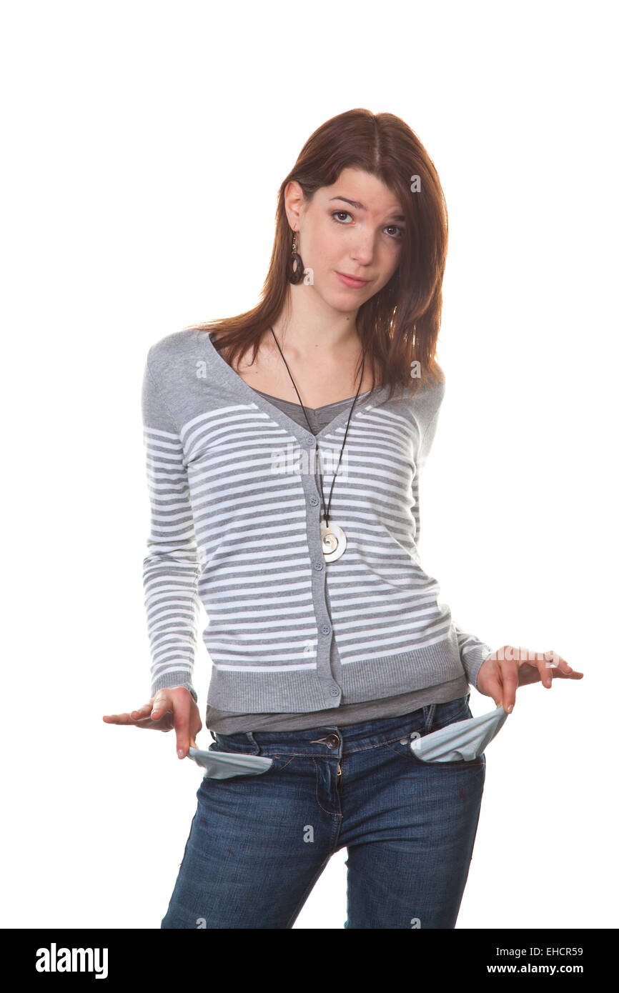 Young woman presenting her empty pockets Stock Photo