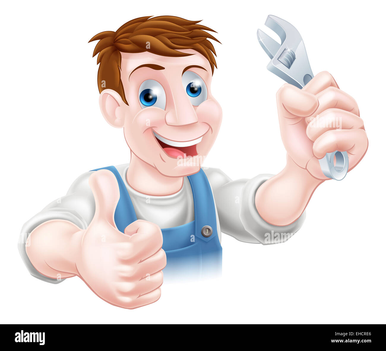 A cartoon plumber or mechanic holding a spanner and giving a thumbs up Stock Photo