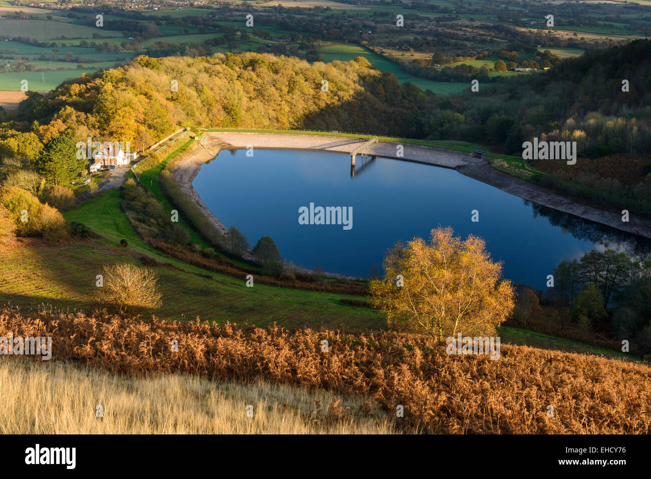 View across British Camp Reservoir, the Malvern Hills, Worcestershire, UK Stock Photo