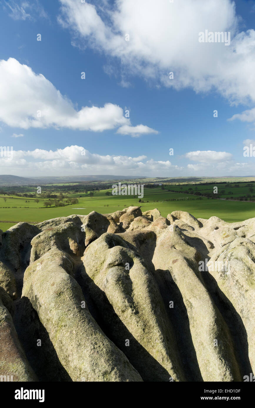 Almscliffe Crag millstone Grit outcrop at North Rigton, near Harrogate. Stock Photo