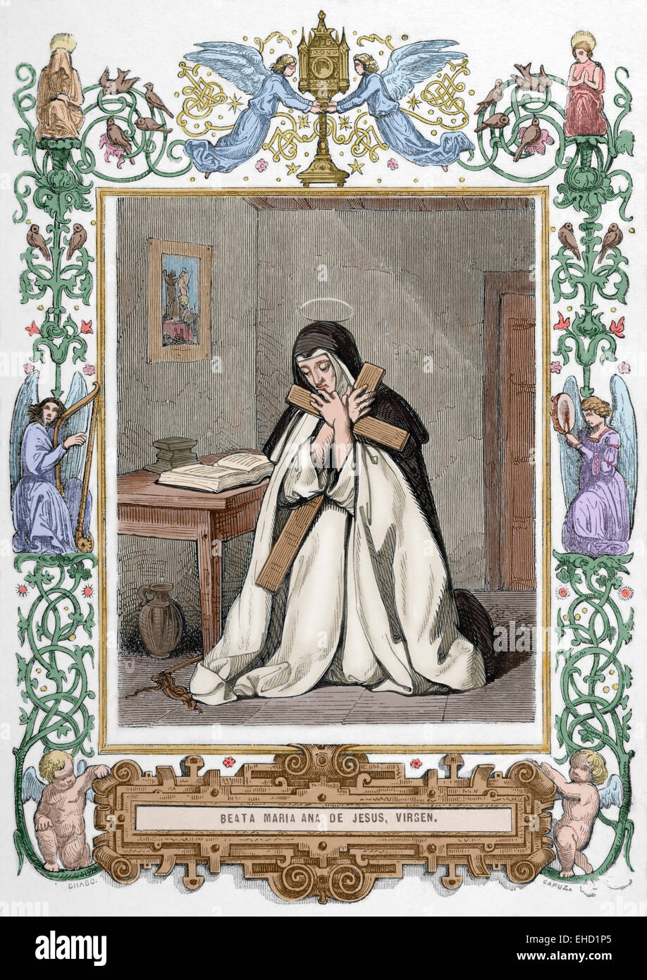 Blessed Mariana of Jesus, born Ana Maria Navarro Guevara and Romero (1565-1624). Spanish tertiary of the Order of Mercy. Engraving by Capuz, 1852. Colored. Stock Photo