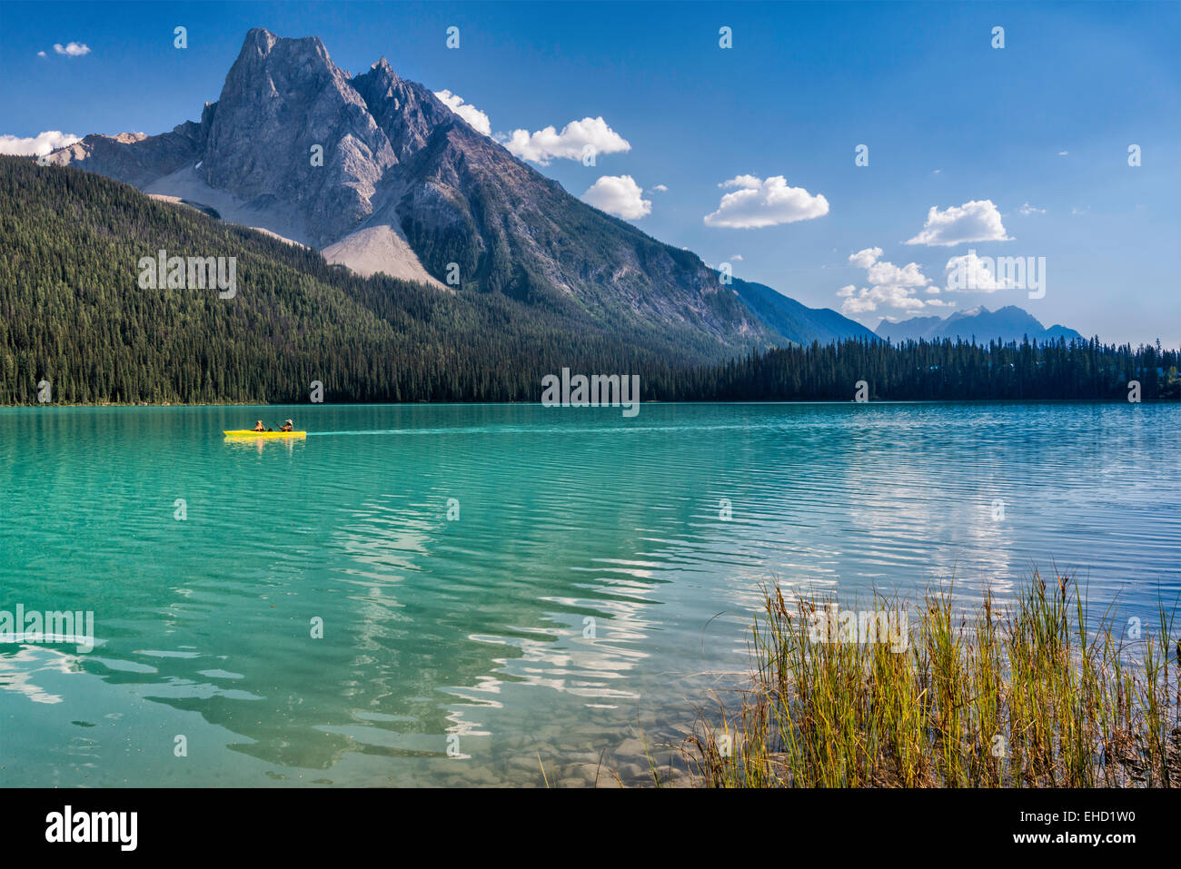 Canoe at Emerald Lake, Mount Burgess, Canadian Rockies, Yoho National Park, British Columbia, Canada Stock Photo