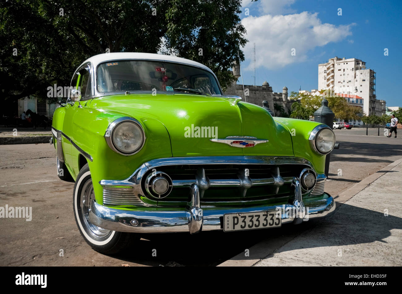 Horizontal close up view of a vintage American car in Cuba. Stock Photo