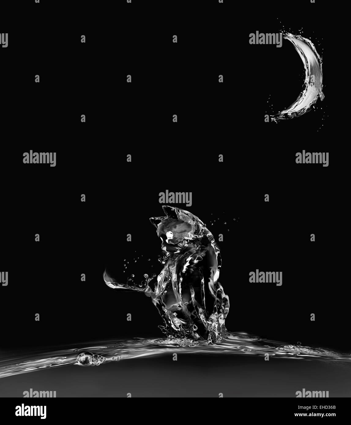 A cat made of water sitting on water in moonlight. Stock Photo