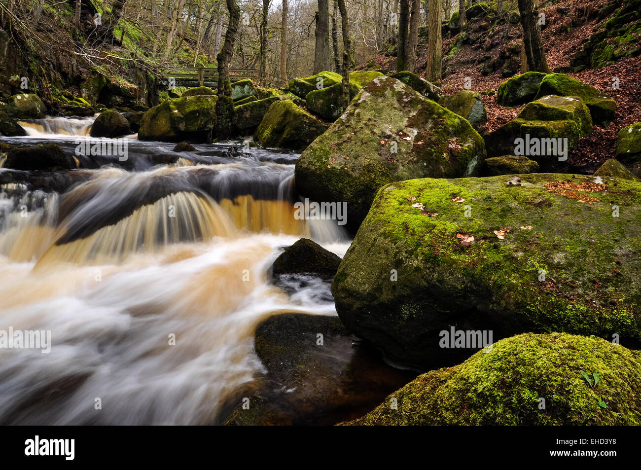 Flowing water at Padley Gorge in the Peak District, Derbyshire. Stock Photo