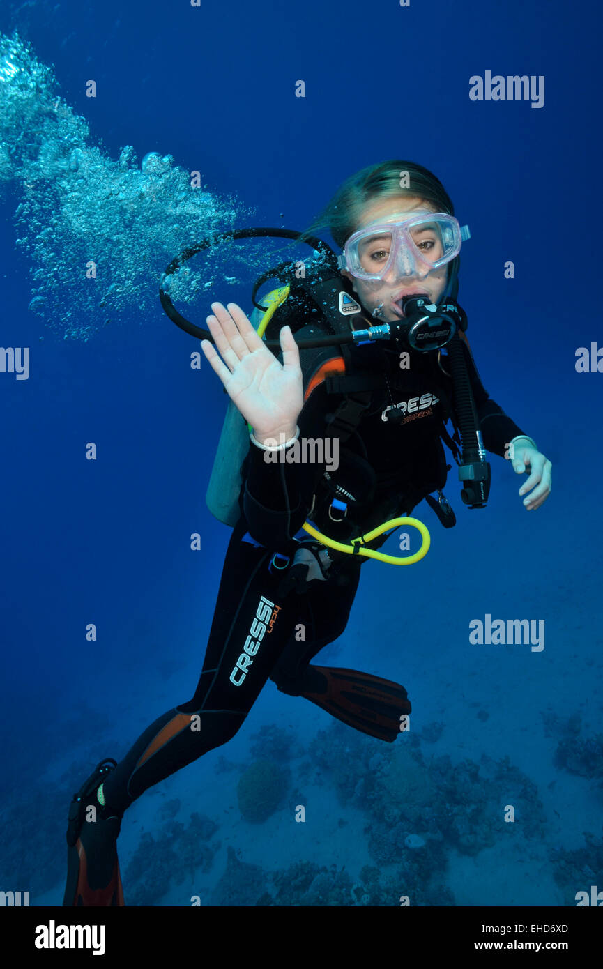 Girl diver hello Stock Photo