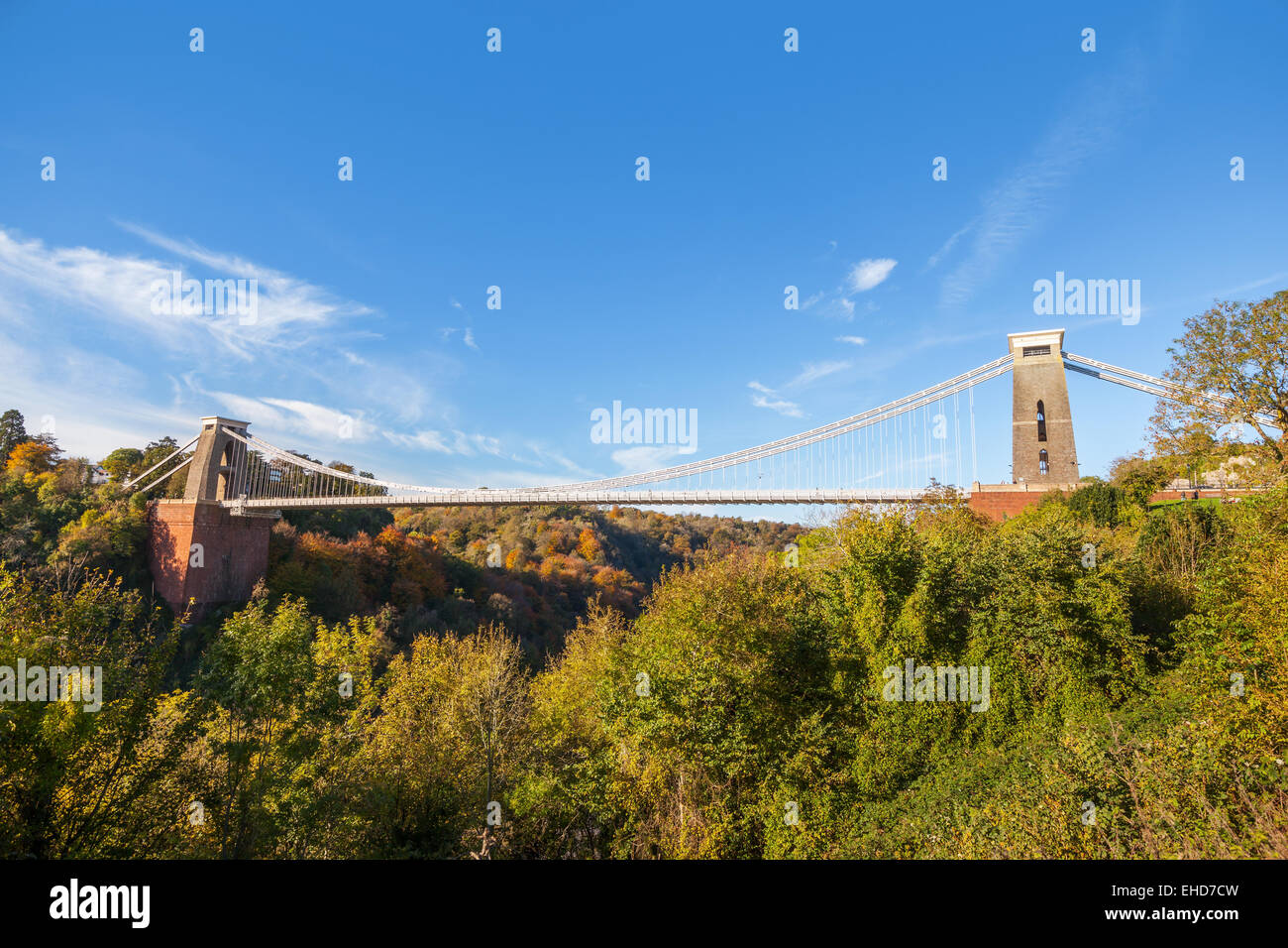 Wide view of Clifton Suspension Bridge in Bristol, England, UK Stock Photo