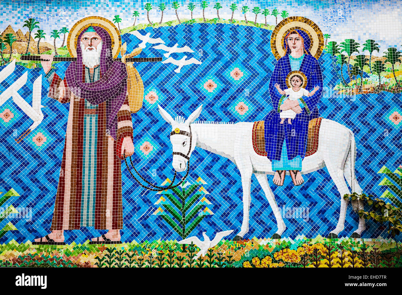 Mosaic depicting the Holy Family at the entrance to the Hanging Church in the Coptic quarter of Old Cairo. Stock Photo