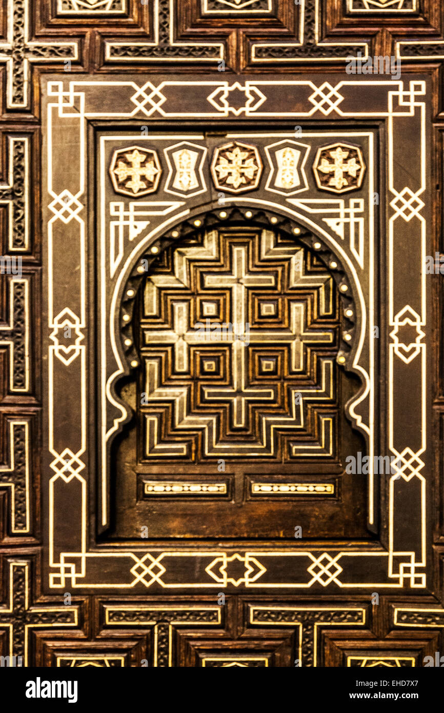 Detail of decorative wood panelling in St. Sergius and Bacchus Church in the Coptic quarter of Old Cairo. Stock Photo