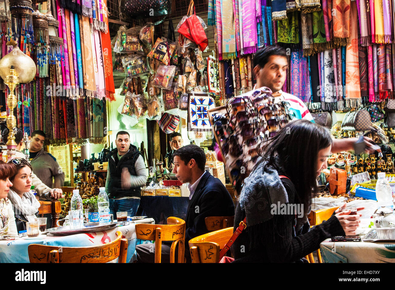 A busy cafe scene in the Khan el-Khalili souk in Cairo. Stock Photo