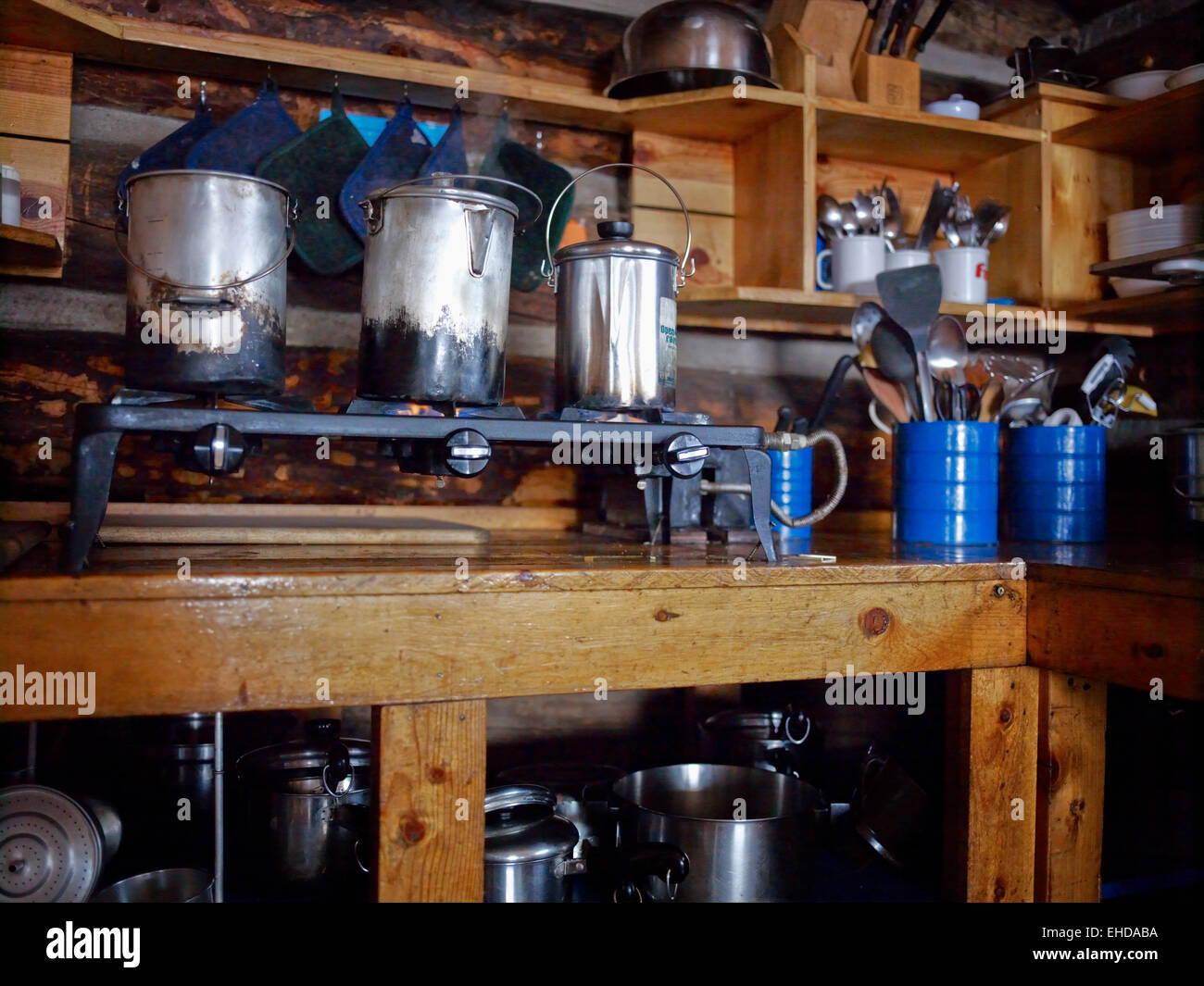 Gas stove in kitchen, Margy's Hut interior, Aspen, Colorado Stock Photo
