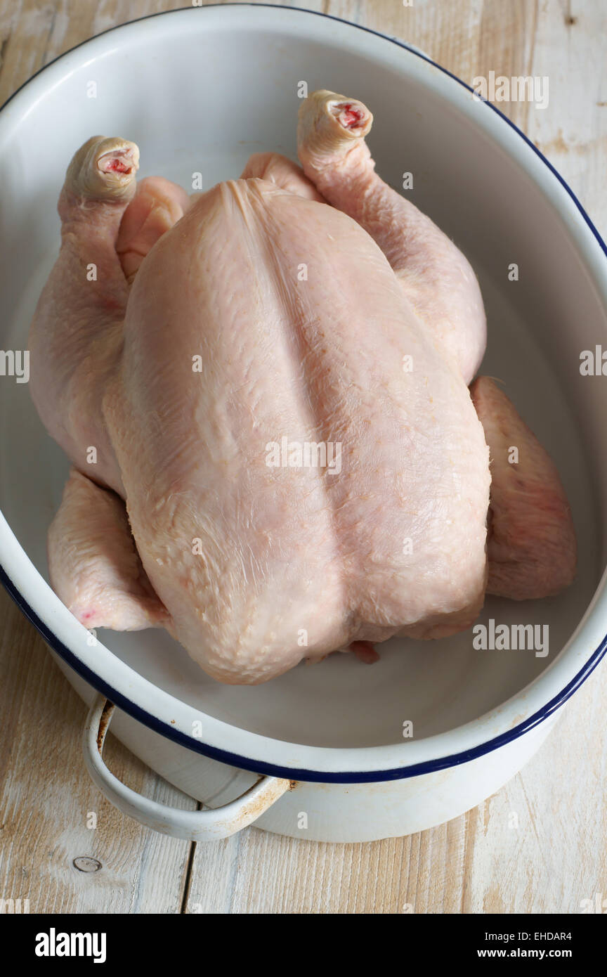 Chicken ready for roasting in an enamelware pan Stock Photo