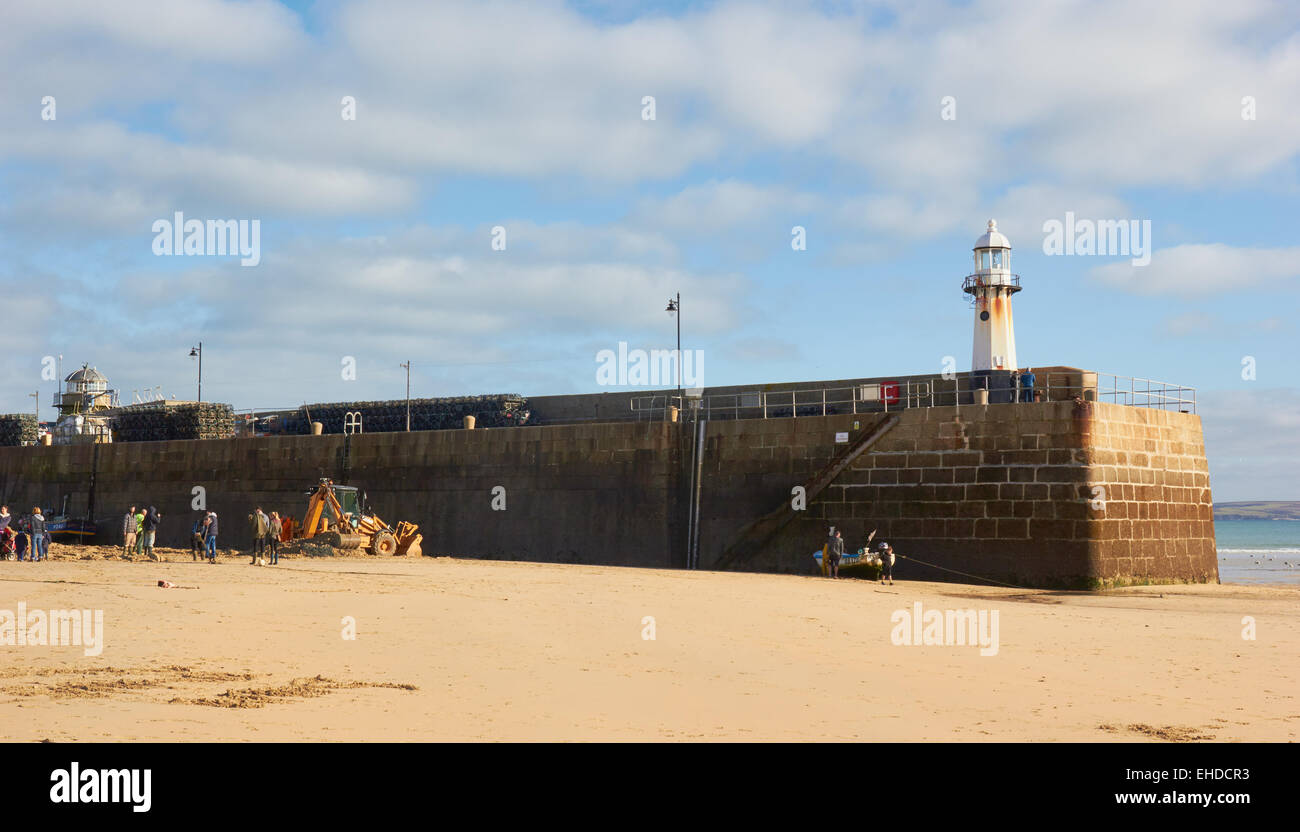 Smeaton's Pier and lighthouse at low tide St Ives Cornwall England Europe Stock Photo