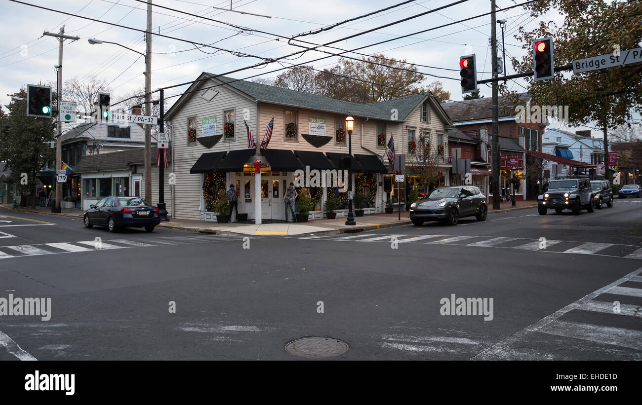 Crossroads in a small town New Hope, evening, Pennsylvania, USA Stock