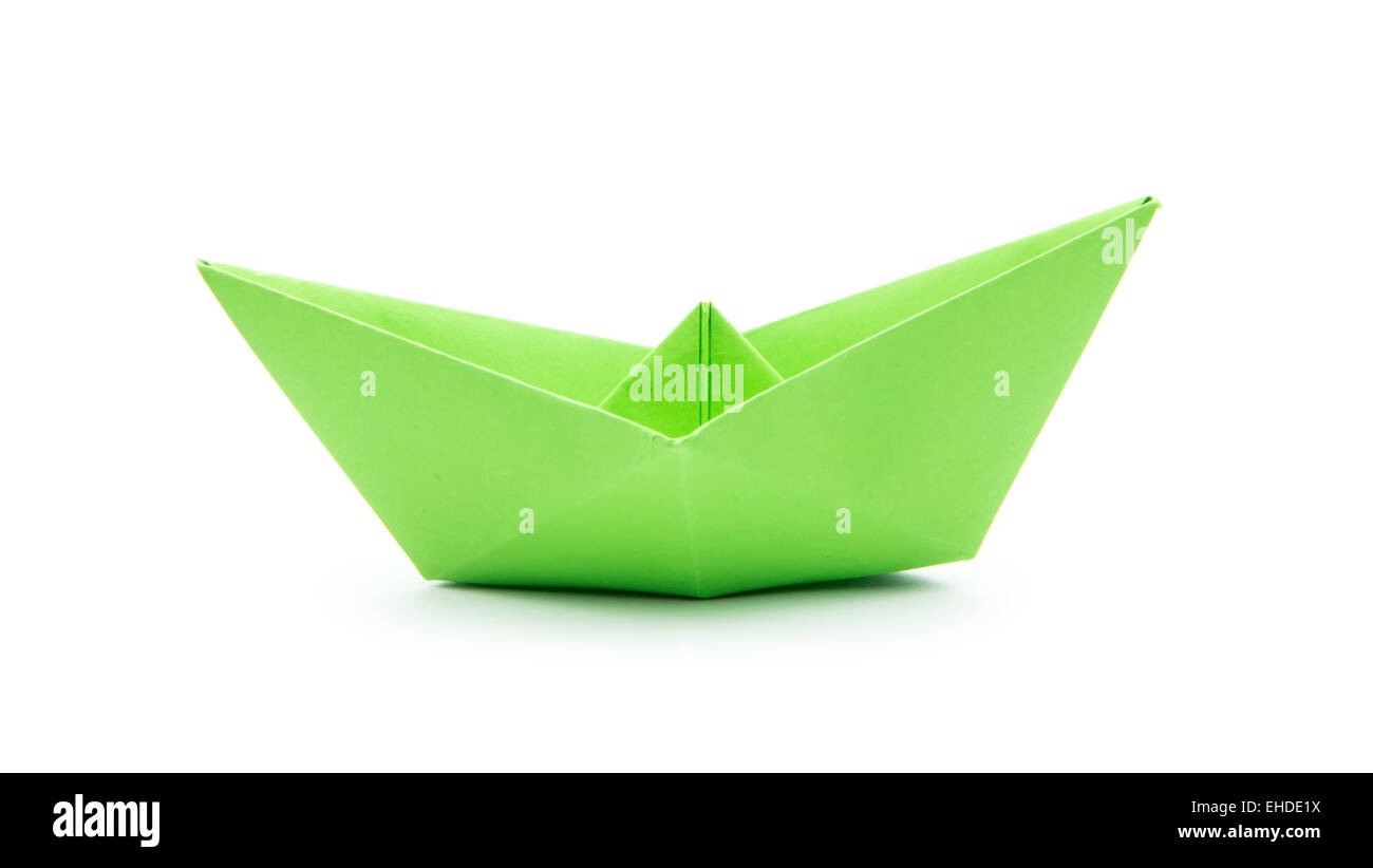 green paper boat isolated on white background Stock Photo