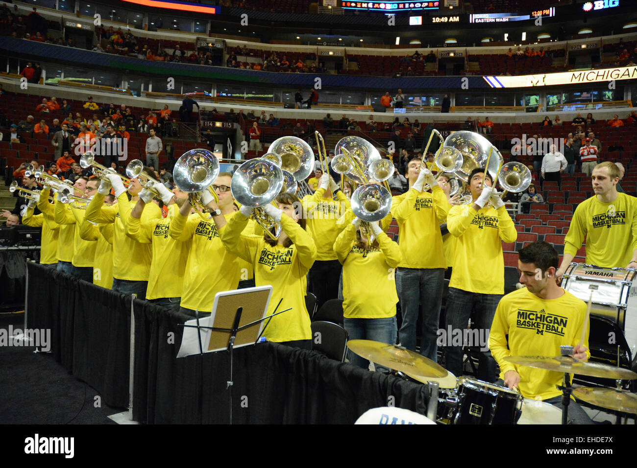 Chicago, IL, USA. 12th Mar, 2015. Michigan Wolverines band performs before the 2015 Big Ten Men's Basketball Tournament game between the Michigan Wolverines and the Illinois Fighting Illini at the United Center in Chicago, IL. Patrick Gorski/CSM/Alamy Live News Stock Photo