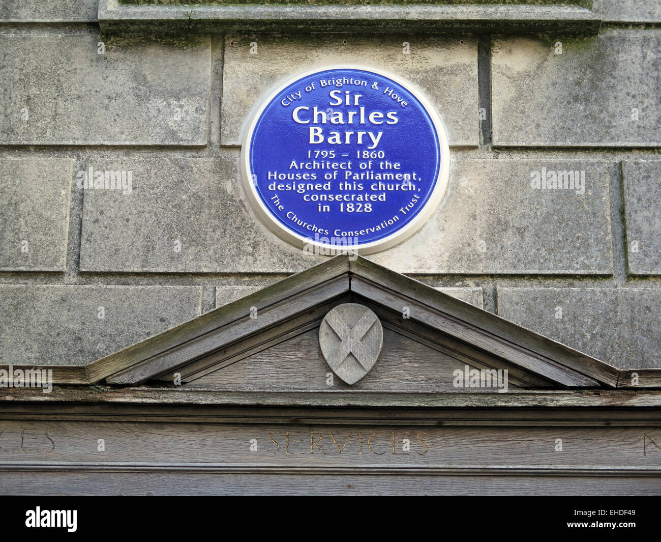 A Blue Plaque on the wall of St. Andrews Church in Waterloo Street, Brighton to commemorate the architect Sir Charles Barry, who designed the Houses of Parliment, and also designed this church in 1828. Stock Photo