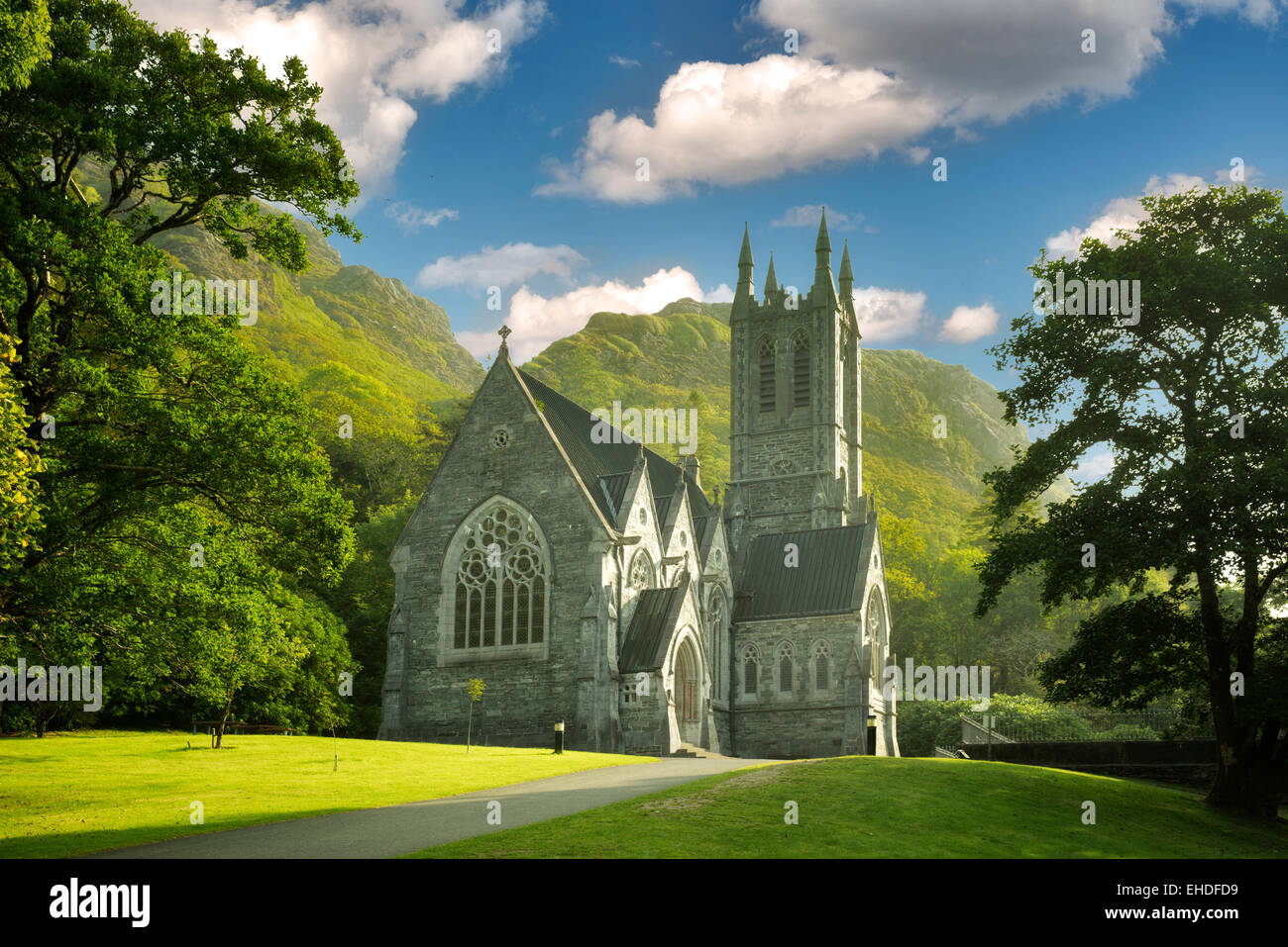Gothic Church, Mary Henry's Memorial at the Kylemore Abbey. Connemara region, ireland Stock Photo