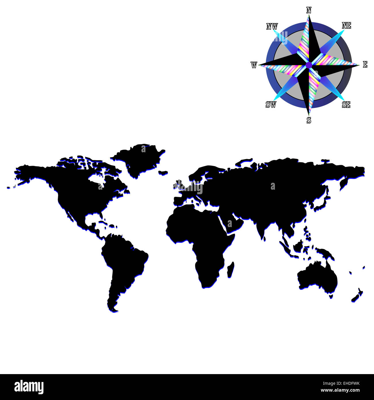 Black World Map With Wind Rose Stock Photo Alamy