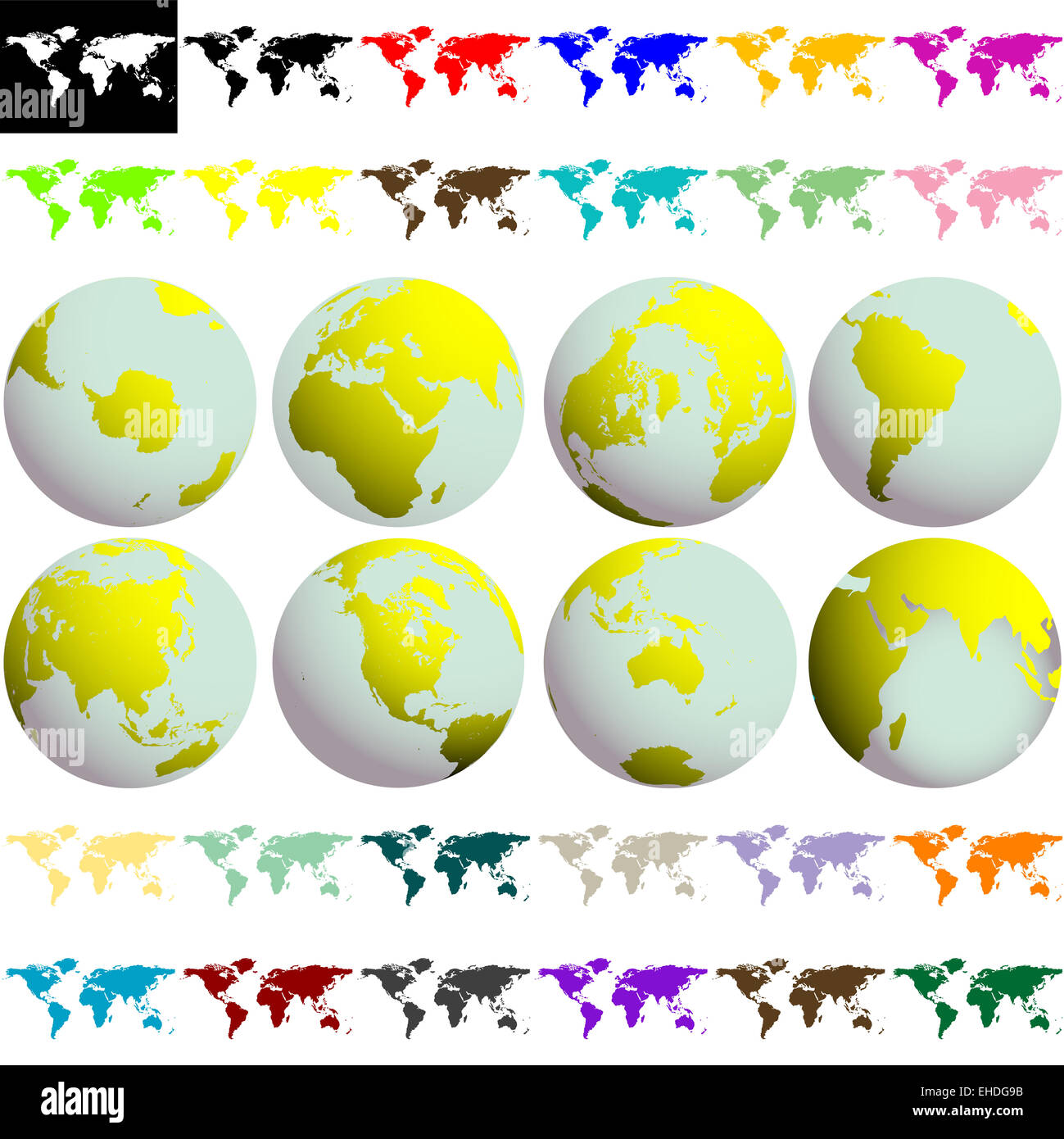 earth globes and maps against white Stock Photo