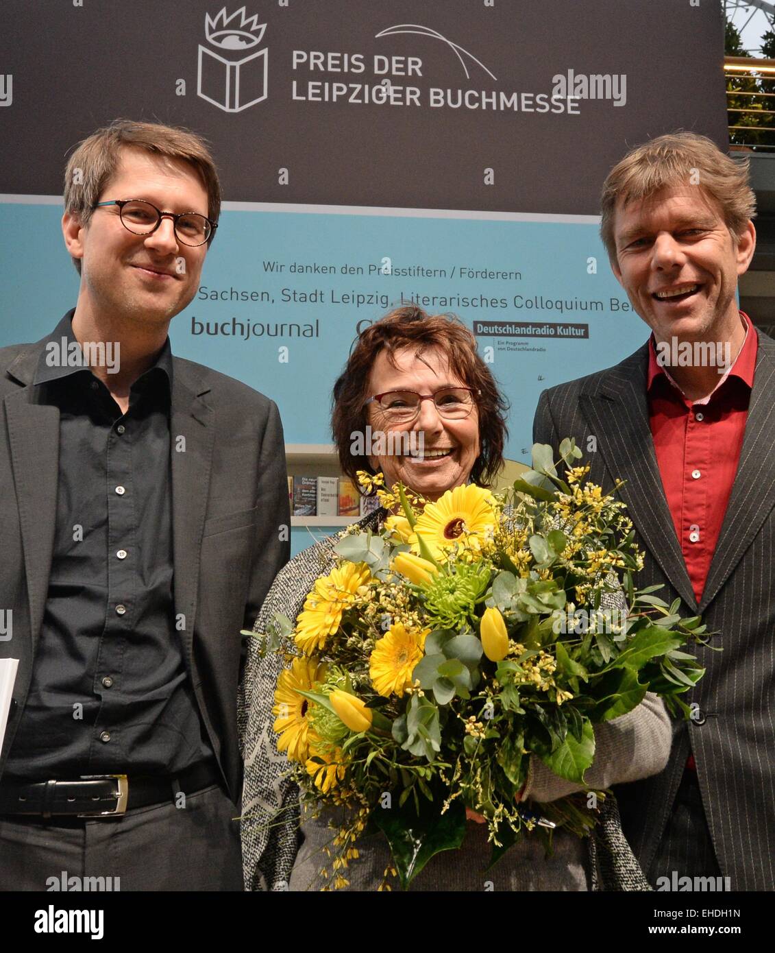 Leipzig, Germany. 12th Mar, 2015. The award winners of the Leipzig Book Fair, Mirjam Pressler (translation), Jan Wagner (fiction, l) and Philipp Ther (nonfiction) on stage after the award ceremony in Leipzig, Germany, 12 March 2015. PHOTO: HENDRIK SCHMIDT/dpa/Alamy Live News Stock Photo