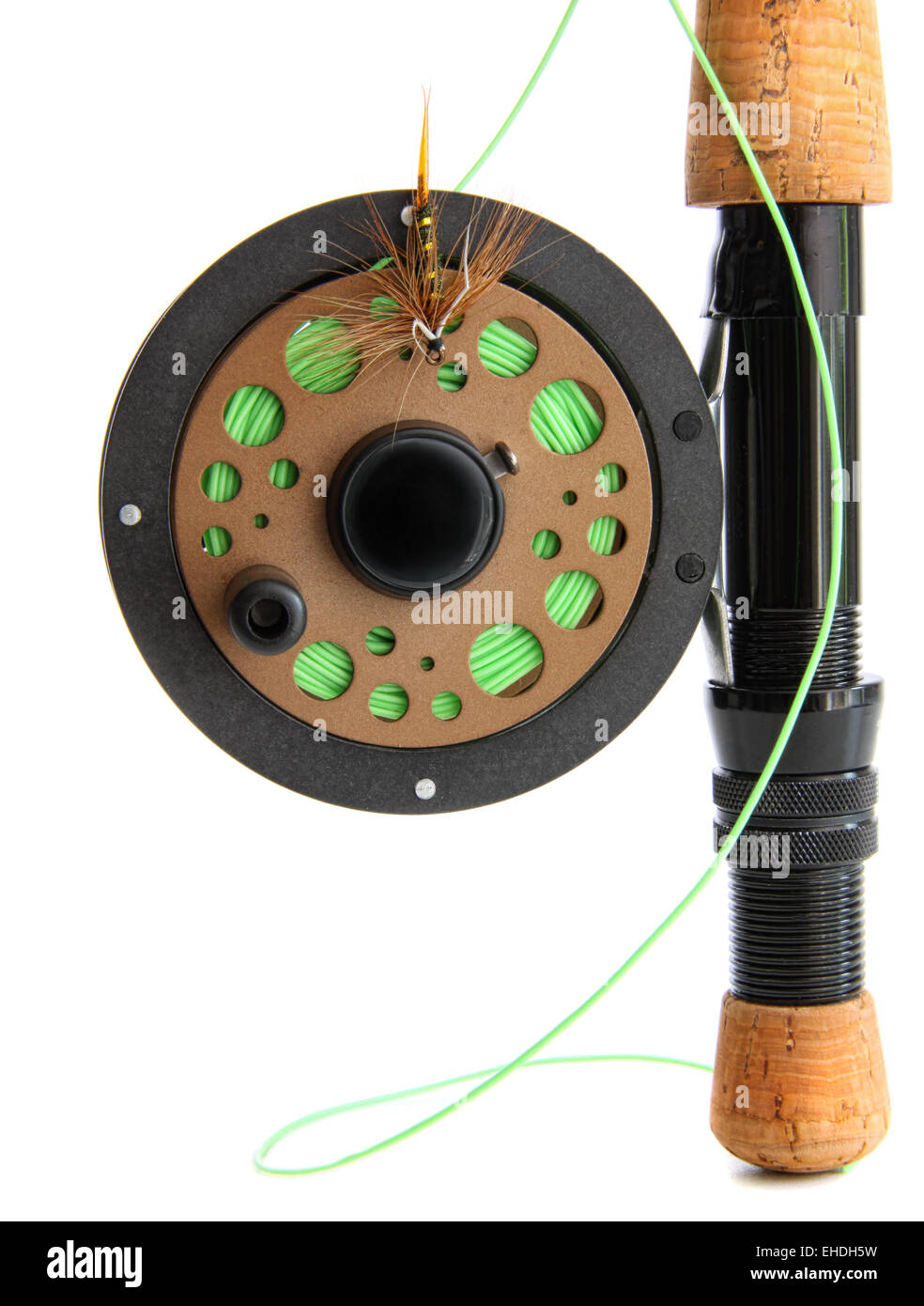 Closeup of fly fishing rod on white Stock Photo