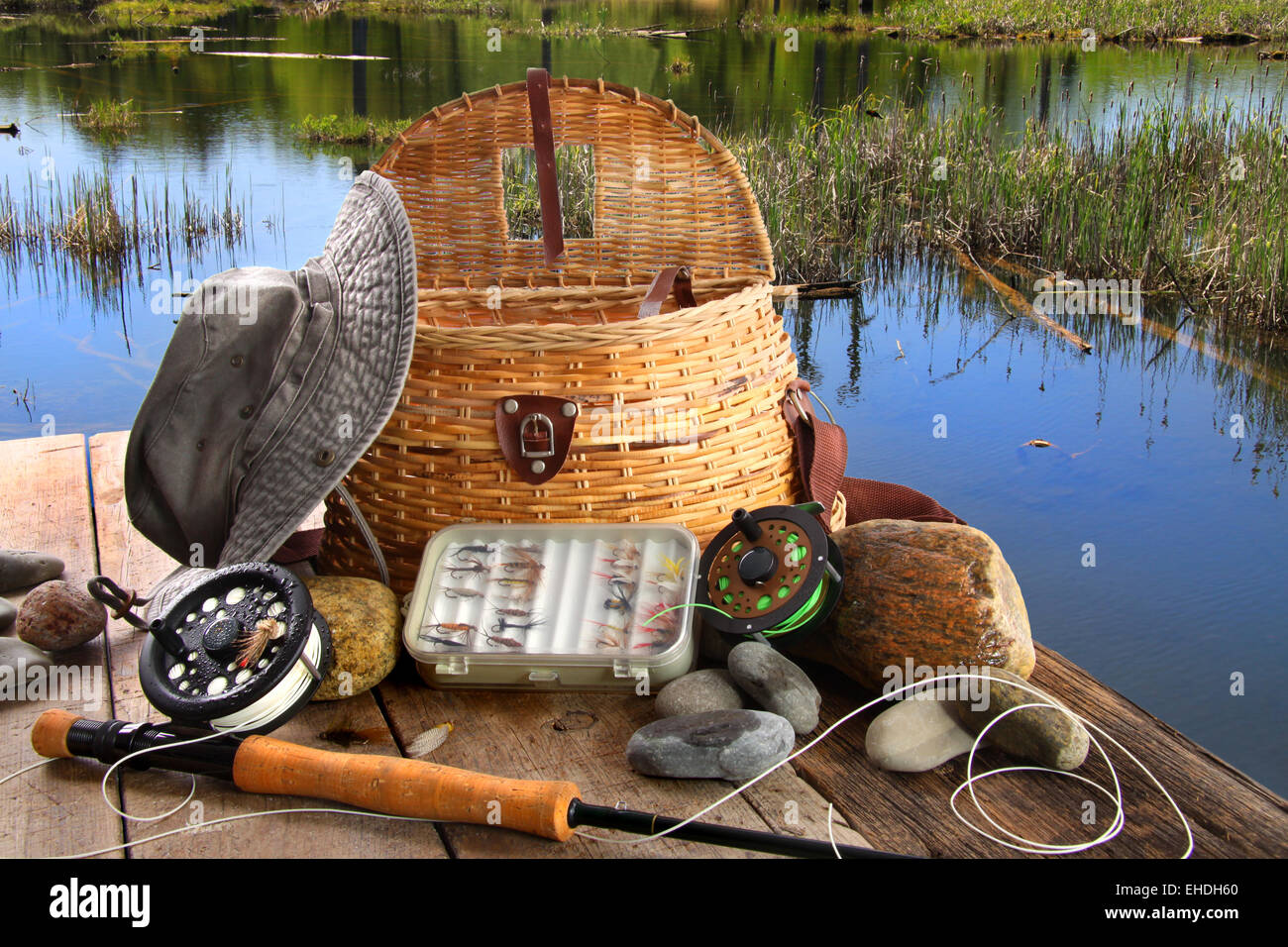 Traditional flyfishing rod with equipment Stock Photo Alamy