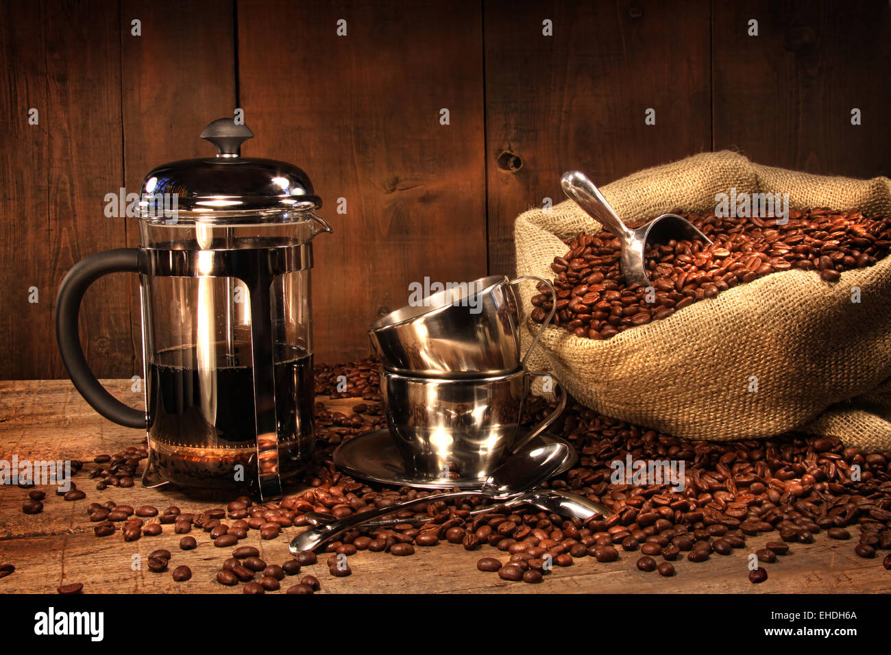 Sack of coffee beans with french press Stock Photo Alamy