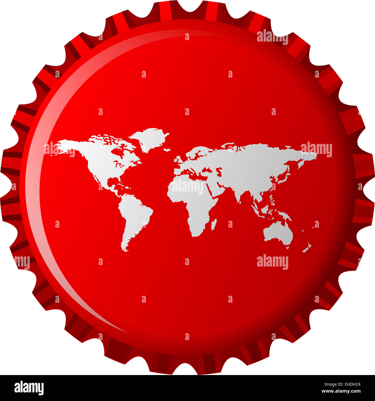 white world map on red bottle cap Stock Photo