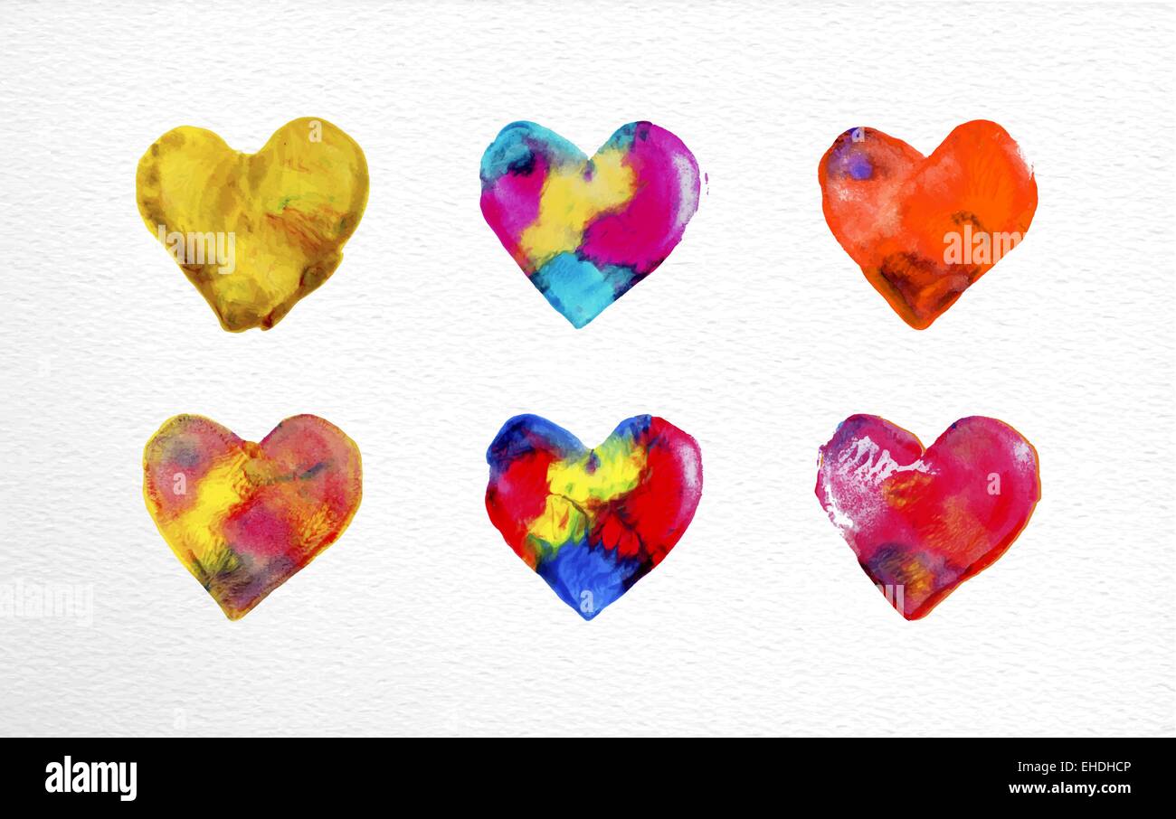 Set of watercolor heart love elements hand drawn illustration. EPS10 vector file organized in layers for easy editing. Stock Vector