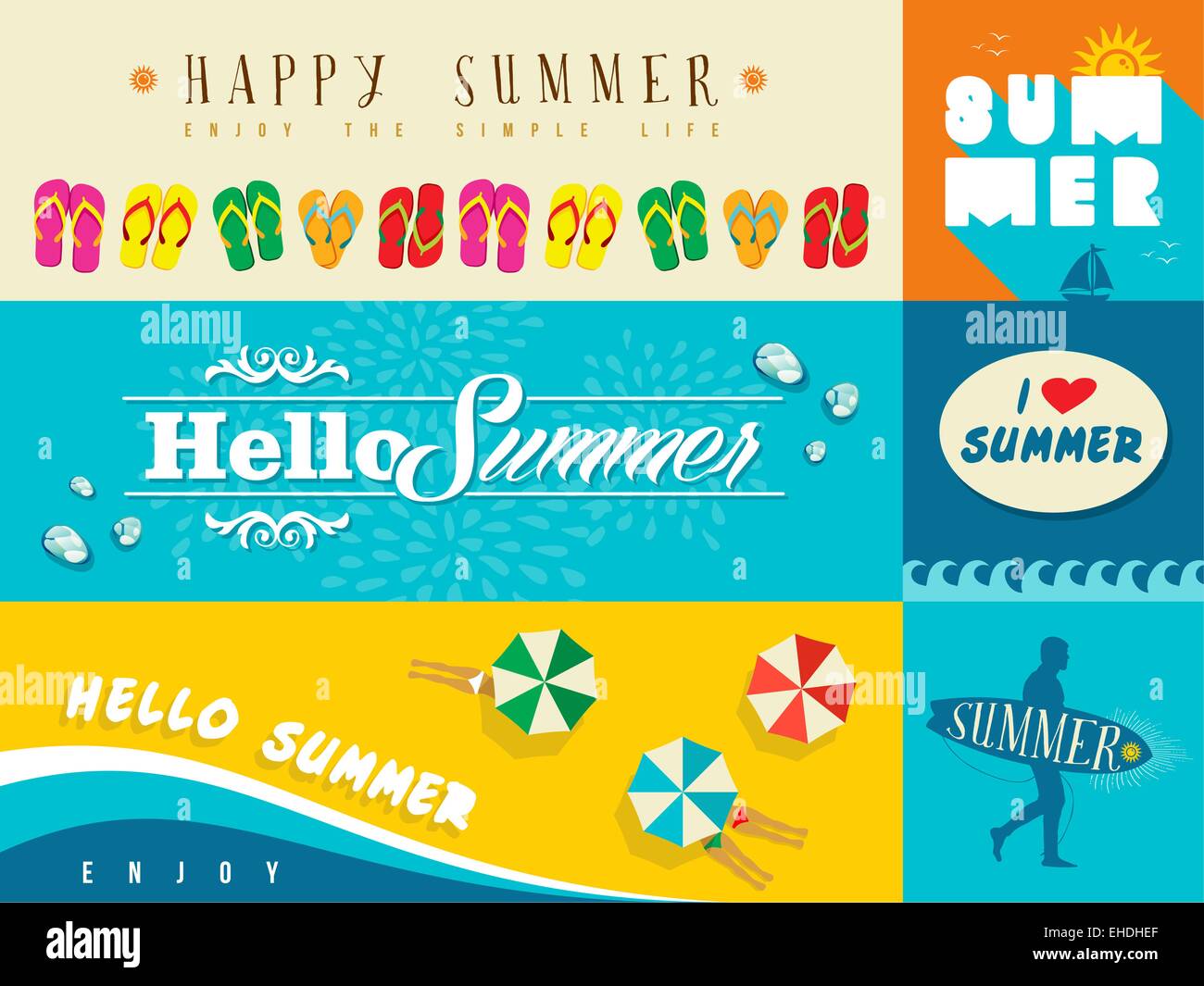 Set of flat design banners for summer and vacation. Ideal for greeting card, print poster and website. EPS10 vector file. Stock Vector