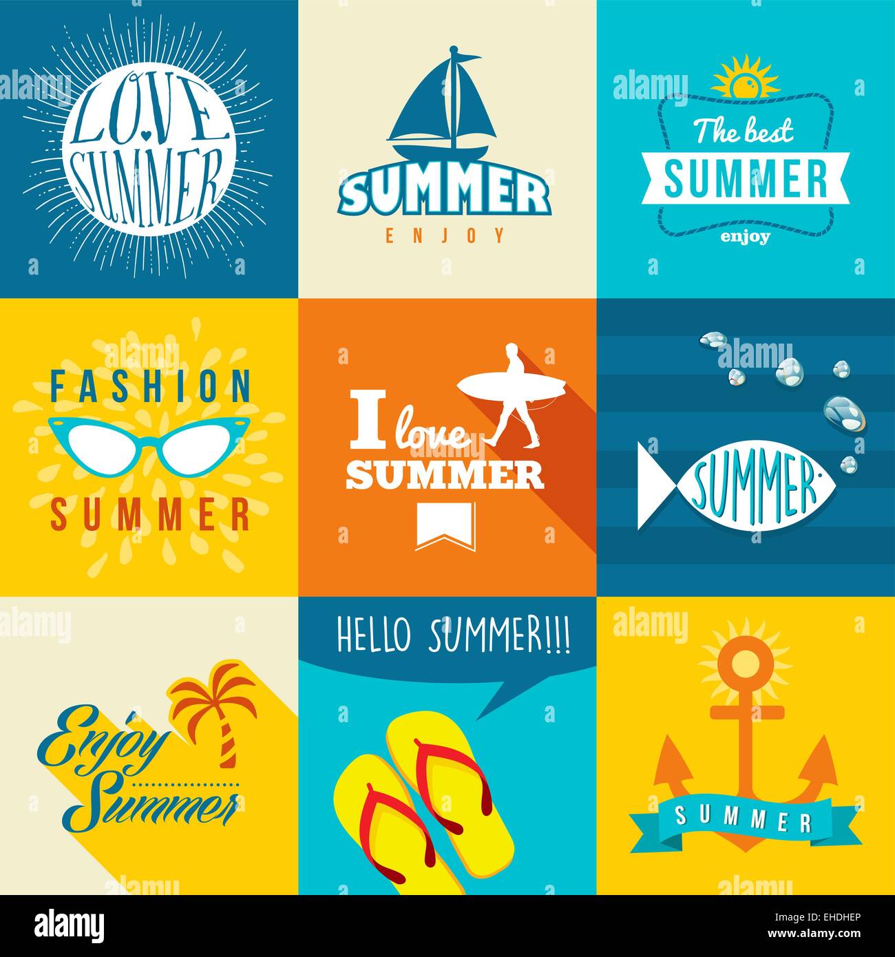 Set of flat design label for summer and vacation. Ideal for greeting card, print poster and website. EPS10 vector file. Stock Vector