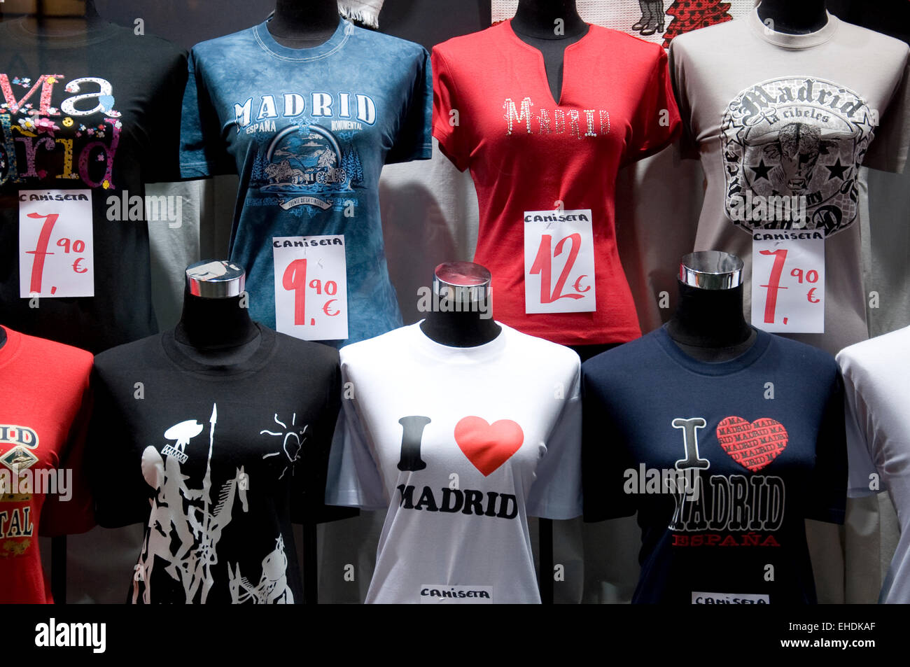 Souvenir t-shirts on sale in Madrid Spain Stock Photo